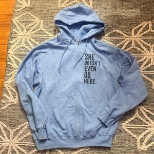 Mean Girls the Broadway Musical Light Blue She Doesn’t Even Go Here Hoodie sz L
